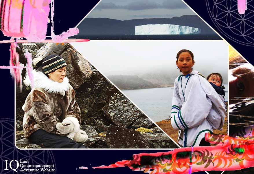 A collage of images from Nunavut. Iceberg, elder, youth and baby, portion of an image from the movie Kiviuq.